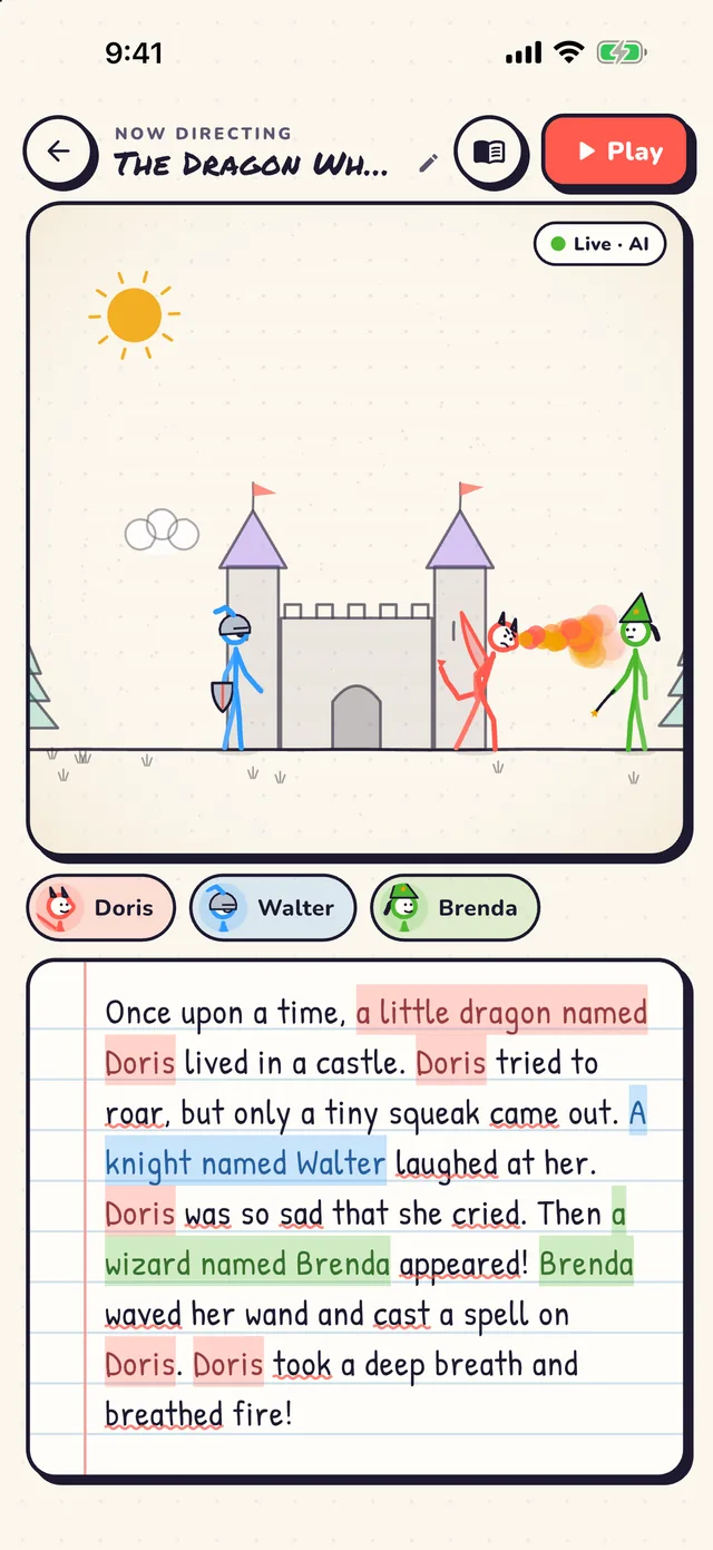The studio screen. A story about a little dragon named Doris is typed in a notebook while the stage above shows a knight, the dragon breathing fire and a wizard in front of a castle.