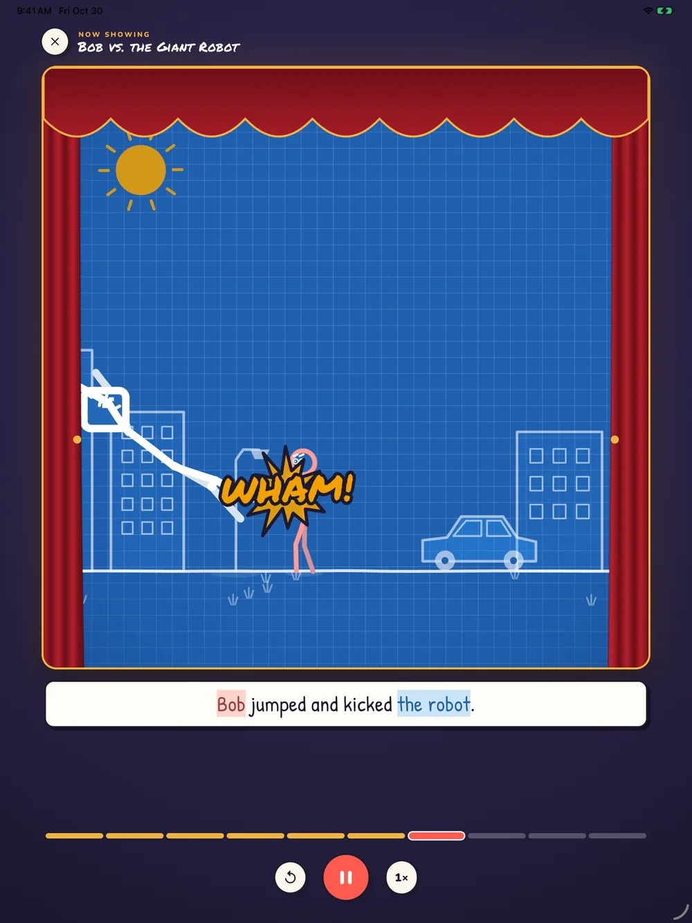 The theater on iPad. Red curtains frame a blueprint stage where Bob kicks a giant robot with a big WHAM, above the subtitle: Bob jumped and kicked the robot.